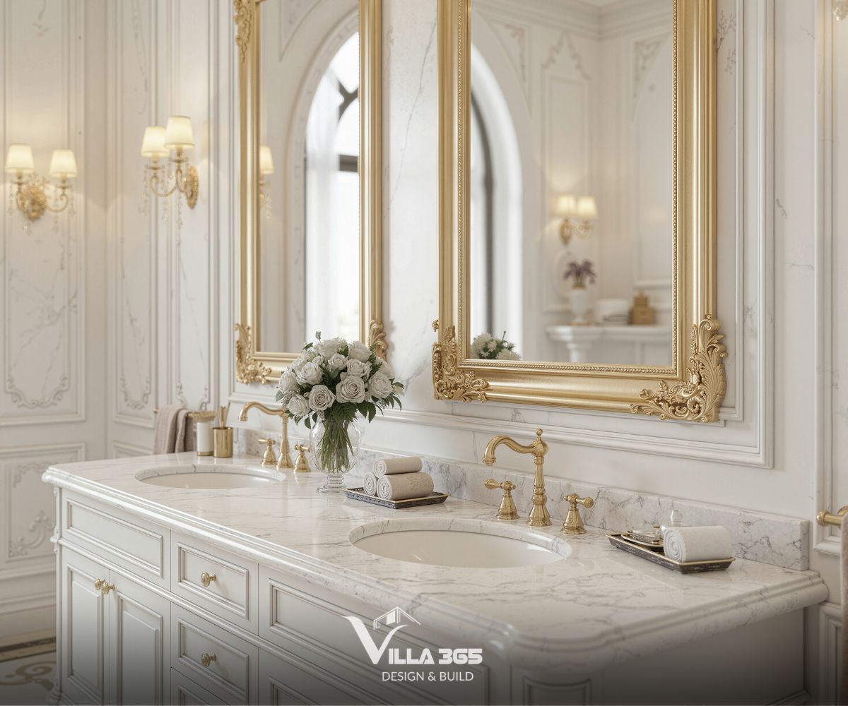 Từ vòi nước kiểu dáng cổ điển đến các phụ kiện như lọ đựng xà phòng, cốc... đều mang sắc vàng đồng sang trọng, tạo nên sự đồng nhất và tôn quý 