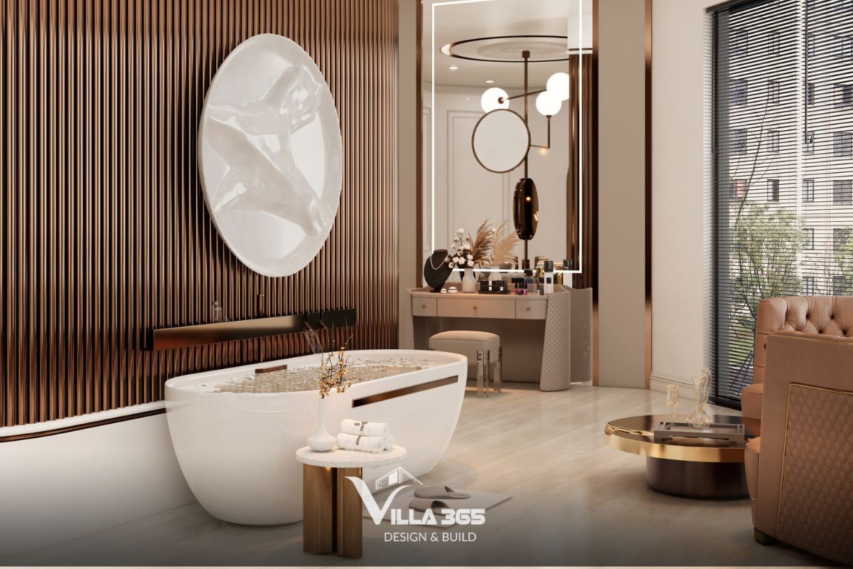Bồn tắm với đường cong mượt mà, điểm xuyết một đường viền kim loại chạy ngang hông đồng điệu với vách tường 