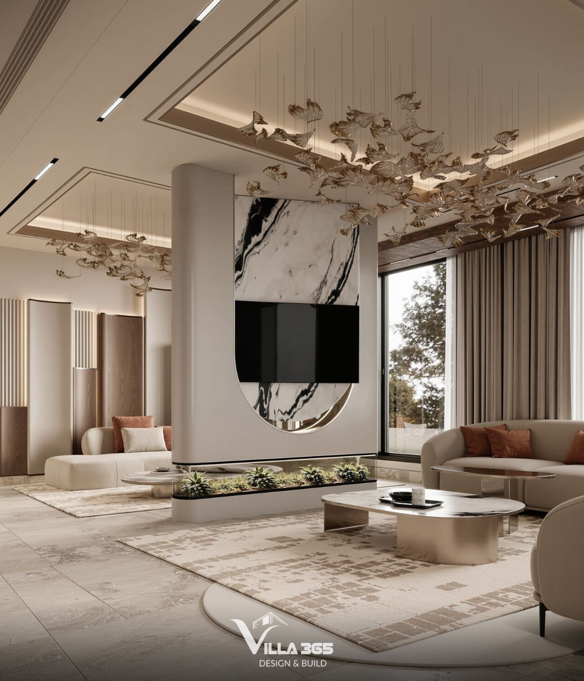 Vách tivi được thiết kế như một cổng vòm hiện đại với đá marble vân đen trắng đối lập mạnh mẽ 