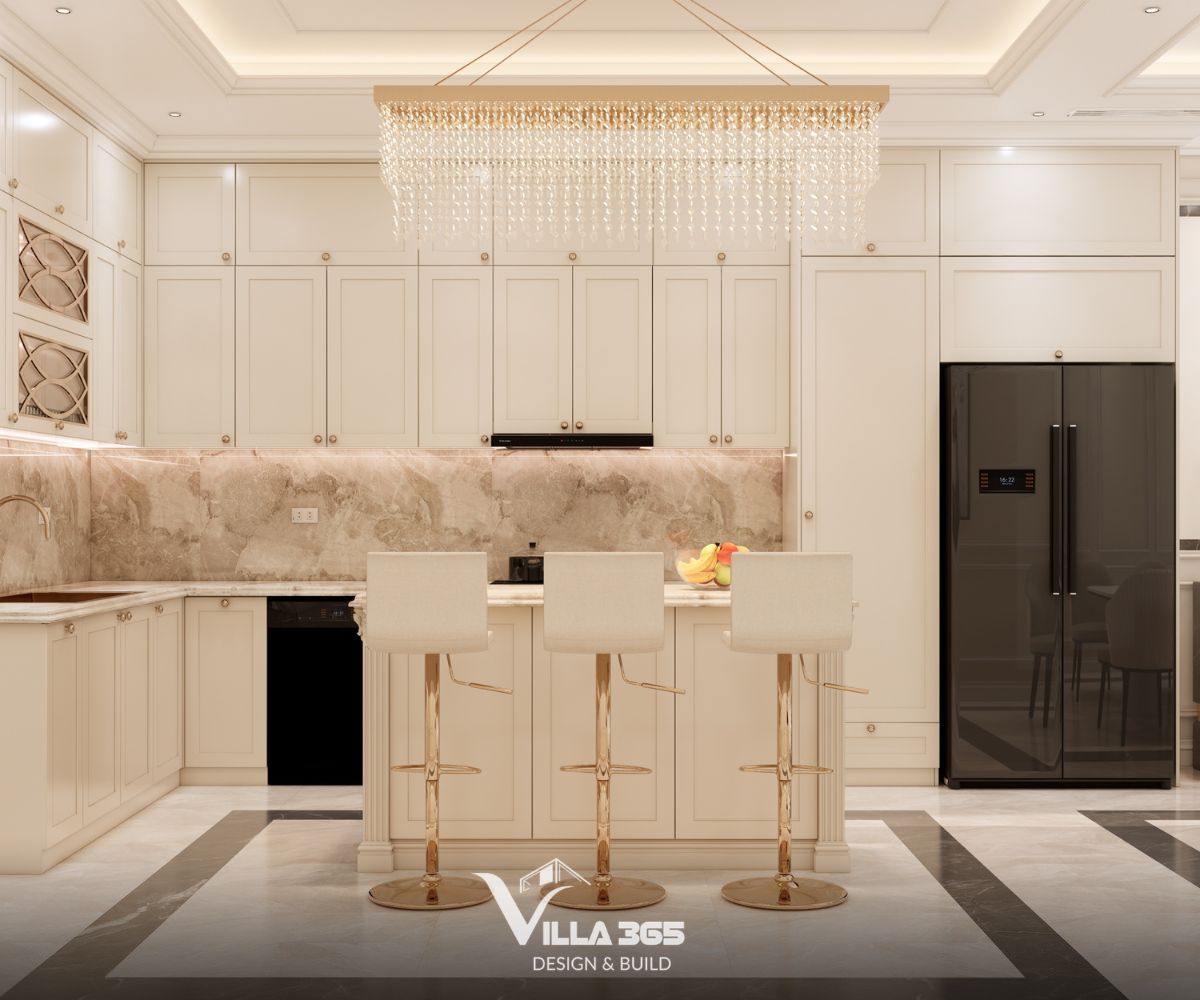 Thiết kế nội thất biệt thự The Grand Residence – Không gian nghỉ dưỡng nghệ thuật 6 Ghế bar với chân trụ mạ vàng sáng bóng và phần thân ghế màu trắng thanh lịch được thiết kế tối giản nhưng toát lên vẻ thời thượng