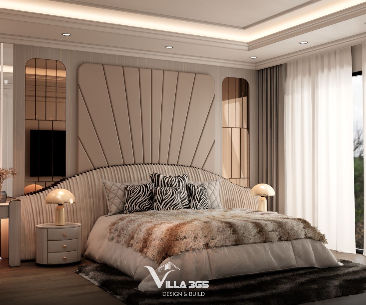 Thiết kế nội thất biệt thự The Grand Residence – Không gian nghỉ dưỡng nghệ thuật 8 Phòng ngủ sử dụng đầu giường bọc da kết hợp tạo hình bo cong, tăng cảm giác mềm mại và thư giãn