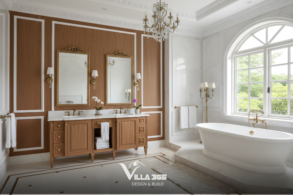 Thiết kế nội thất The Serene Legacy – vun đắp khoảng riêng cho gia đình ba thế hệ 8 Phòng tắm với cửa kính lớn hướng ra sân vườn xanh mướt, giúp gia chủ tận hưởng thiên nhiên trong những khoảnh khắc riêng tư
