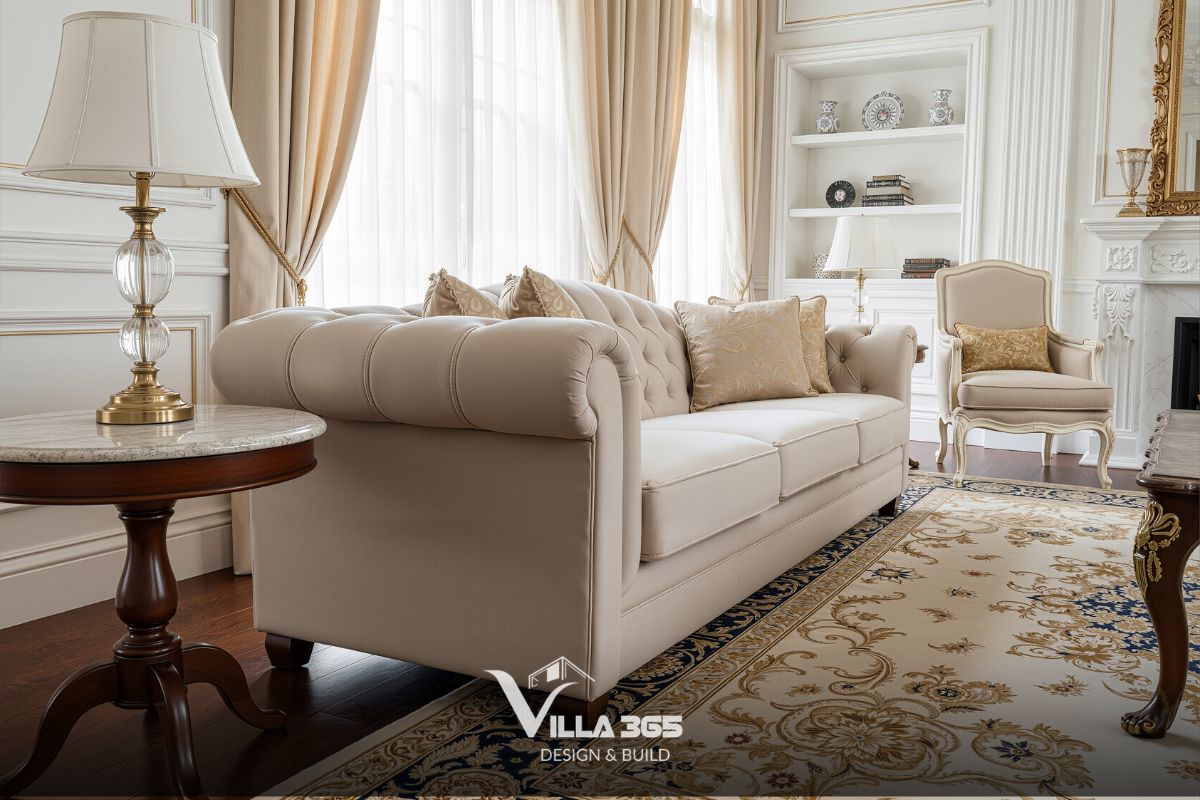 Thiết kế nội thất The Serene Legacy – vun đắp khoảng riêng cho gia đình ba thế hệ 12 Sofa với phần tựa tay và lưng ghế được may rút cúc tỉ mỉ, các đường nếp gấp vải đều tăm tắp, tạo độ phồng êm ái