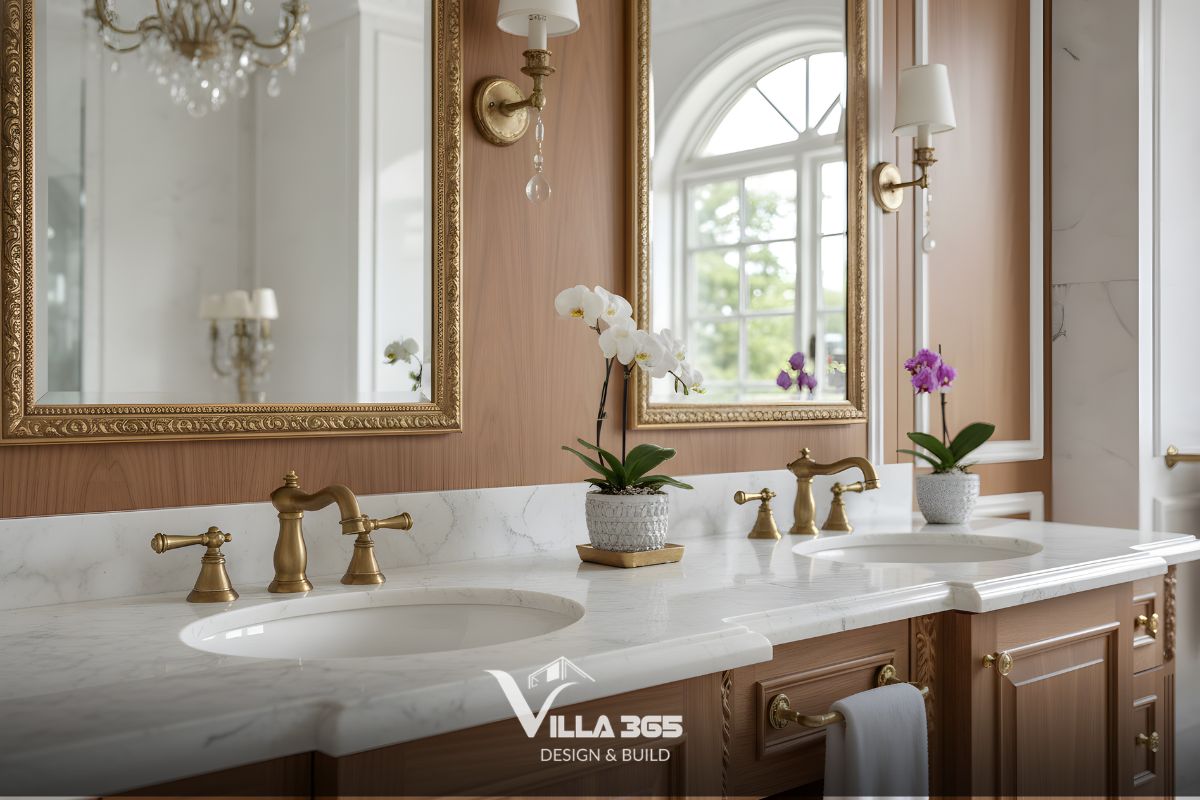 Thiết kế nội thất The Serene Legacy – vun đắp khoảng riêng cho gia đình ba thế hệ 15 Sự phối trộn giữa mặt đá trắng tinh và phần tủ gỗ, ốp tường màu nâu ấm tạo nên tổng thể sang trọng, ấm cúng