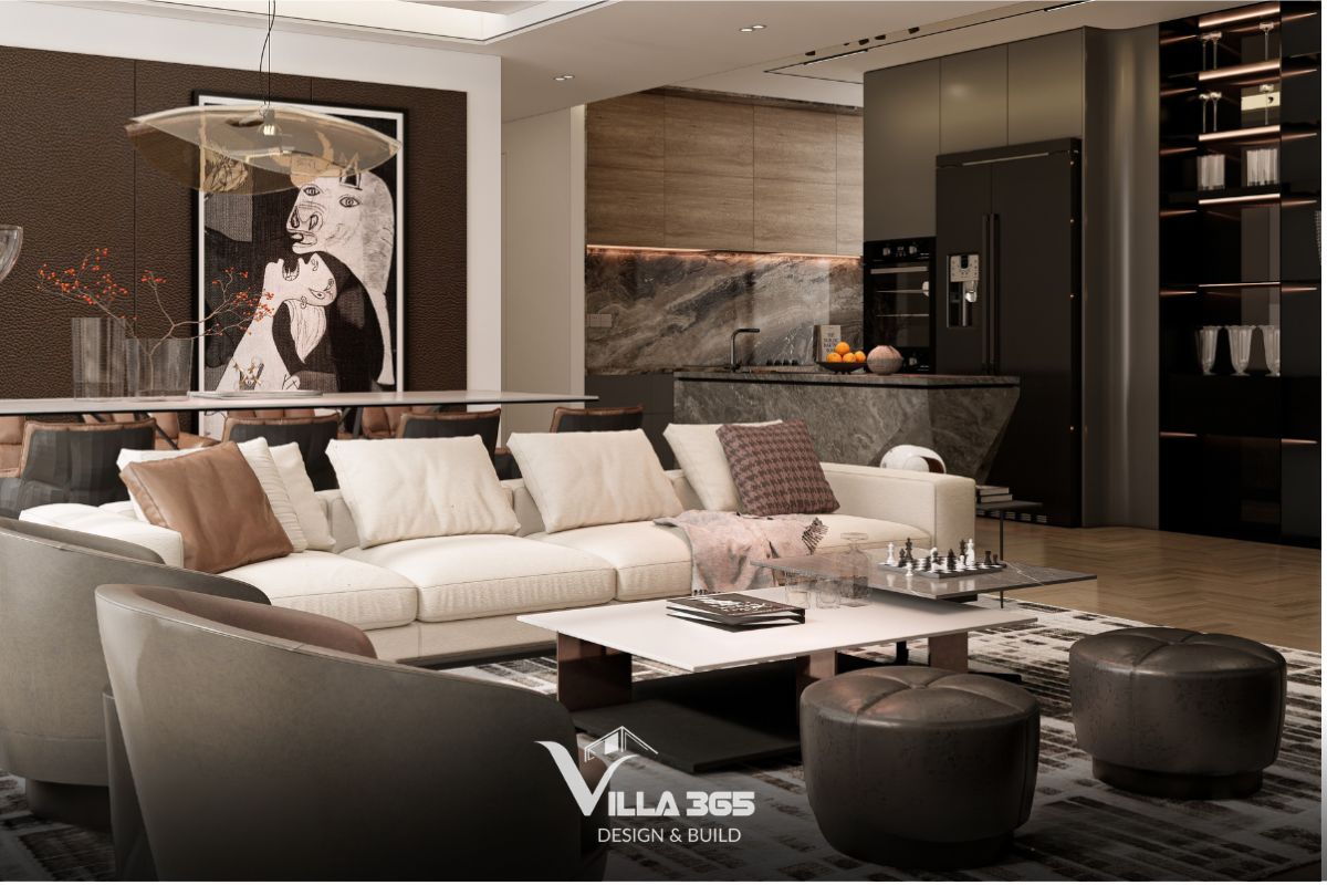 Thiết kế nội thất biệt thự The Zen Residence cho gia chủ nghỉ hưu, an dưỡng tuổi già 2 Bố cục liên thông phòng khách – bếp – ăn giúp tăng tính kết nối trong sinh hoạt gia đình