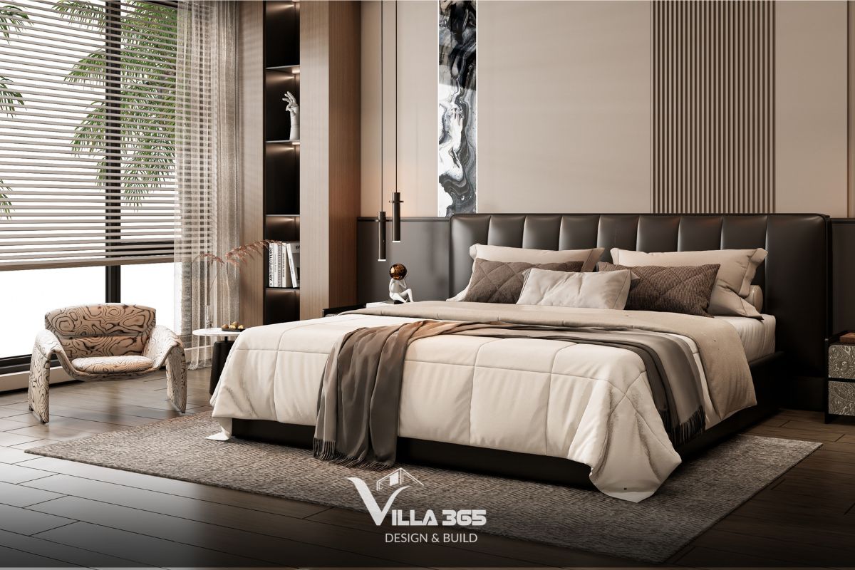 Thiết kế nội thất biệt thự The Zen Residence cho gia chủ nghỉ hưu, an dưỡng tuổi già 8 Phần đầu giường bọc da màu nâu đen với các đường chần dọc tạo cảm giác vững chãi và ấm áp