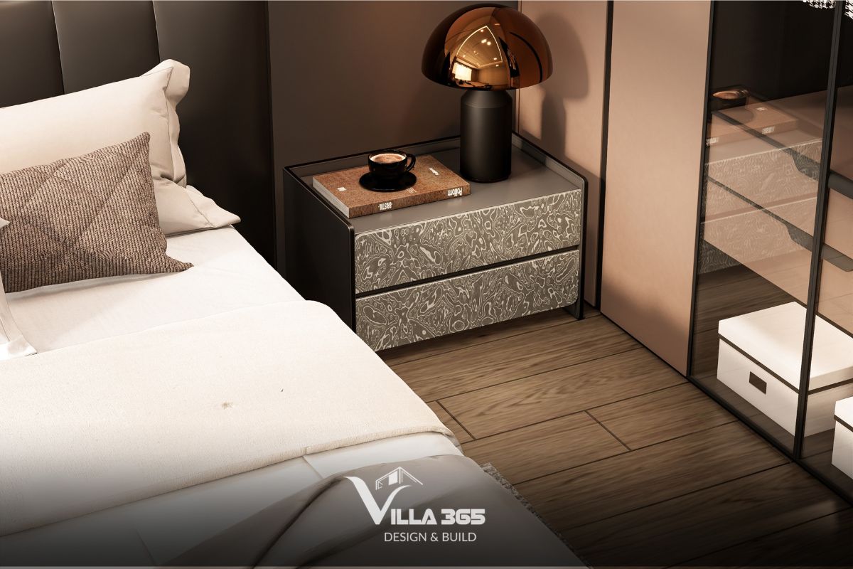 Thiết kế nội thất biệt thự The Zen Residence cho gia chủ nghỉ hưu, an dưỡng tuổi già 11 Hệ tủ đầu giường hai ngăn kéo nổi bật với mặt trước sử dụng họa tiết vân đá loang màu xám - trắng tinh tế
