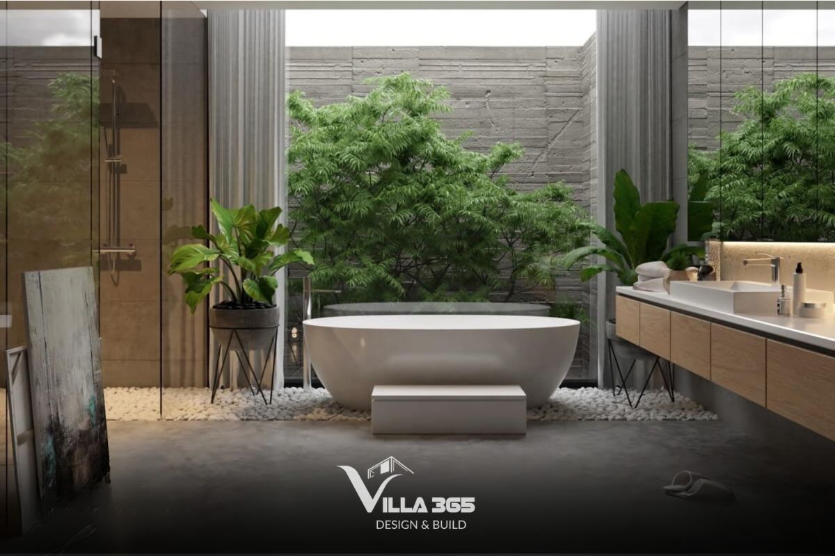 Thiết kế nội thất biệt thự The Zen Residence cho gia chủ nghỉ hưu, an dưỡng tuổi già 12 Bồn tắm được đặt ngay trước hệ kính lớn sát đất, hướng thẳng ra khoảng sân vườn nhỏ với những tán cây xanh mướt