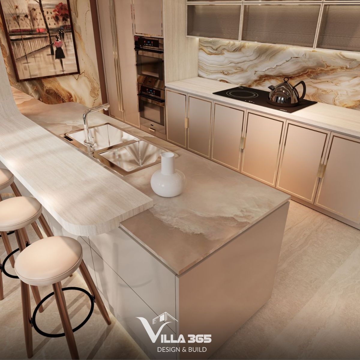 Thiết kế quầy đảo với mặt đá marble đồng nhất tạo nên một không gian đa năng: vừa là nơi chuẩn bị thực phẩm, vừa là nơi gia chủ có thể nhâm nhi một ly rượu vang 