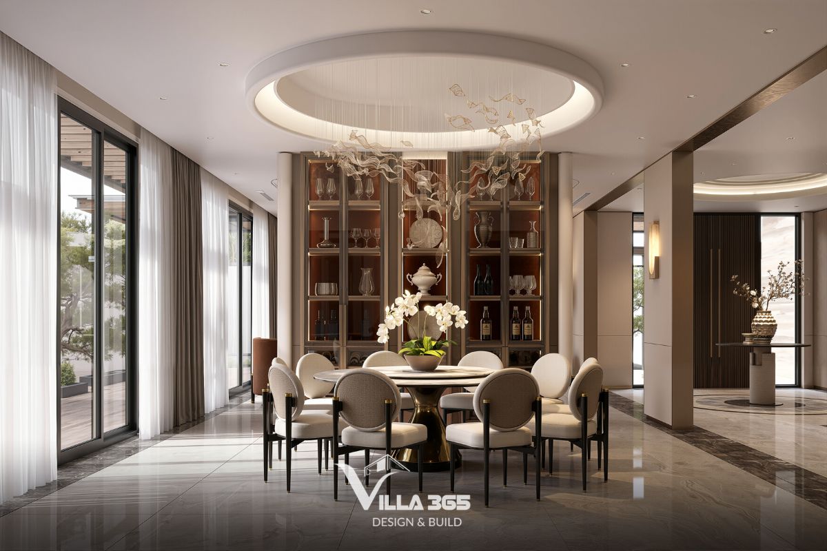 Phòng ăn sử dụng đá marble bóng bẩy, kim loại mạ, thủy tinh nghệ thuật và hệ tủ gỗ trưng bày rượu quý 