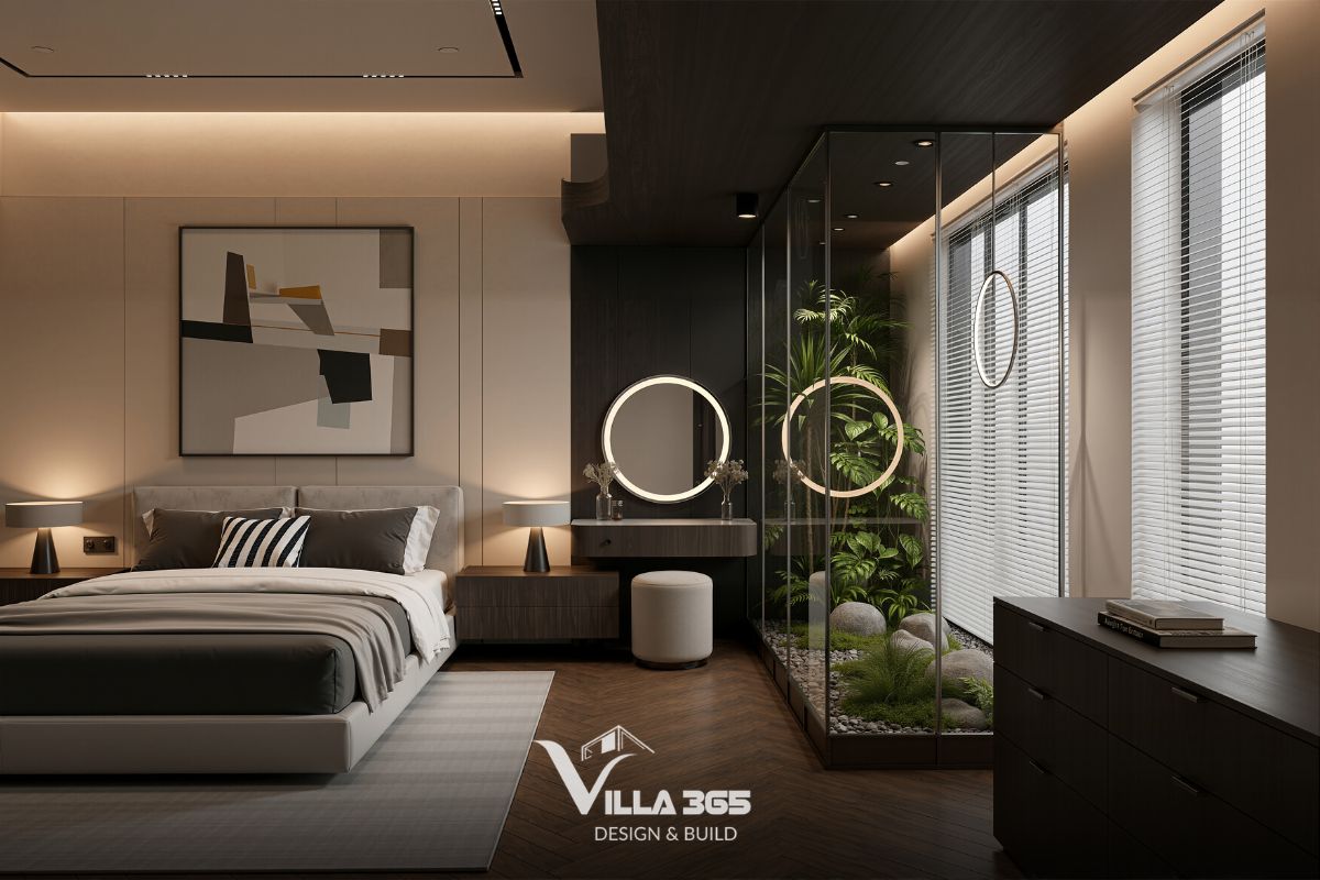 Tư duy Biophilic Design được lồng ghép thông qua cây xanh, sỏi đá và tiểu cảnh nhằm tăng kết nối giữa con người với thiên nhiên