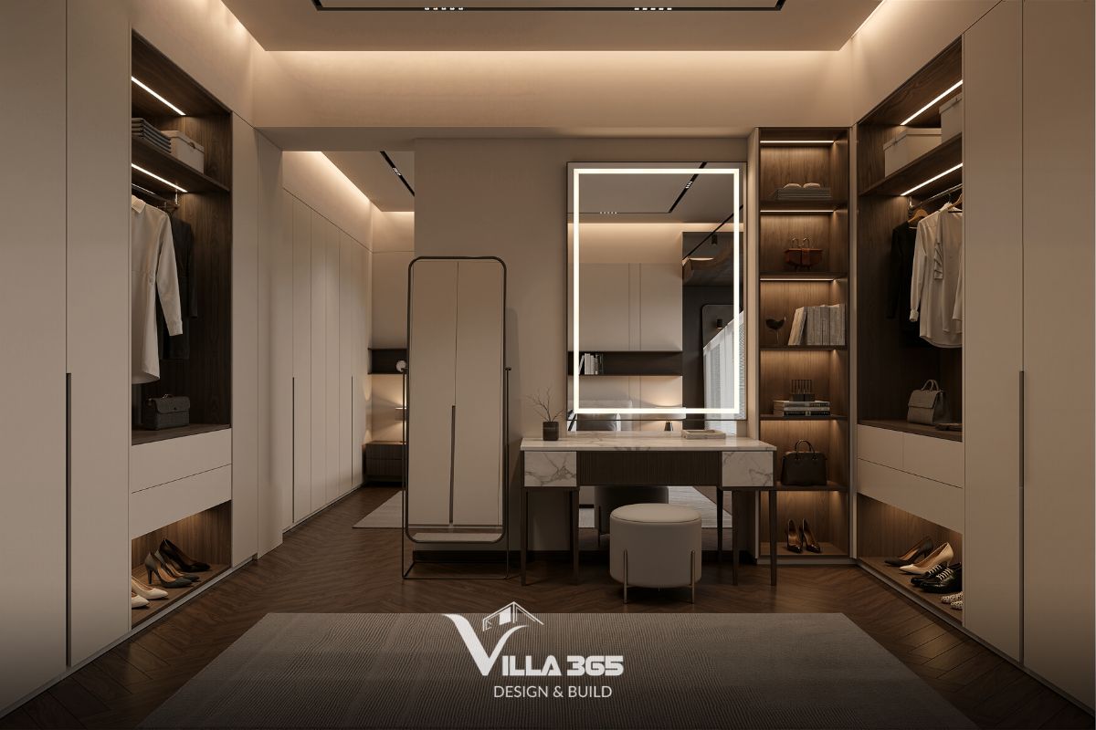 Bàn trang điểm với mặt bàn đá vân mây, gương viền đèn LED kết hợp ghế đôn nhỏ bọc nệm màu kem đồng bộ
