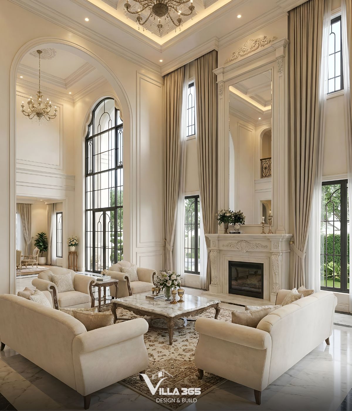 Bộ sofa bọc nệm màu beige cao cấp với các đường cong mềm mại, kết hợp bàn trà mặt đá cẩm thạch chân gỗ chạm khắc đồng bộ với thảm trải sàn có hoa văn cổ điển bên dưới 