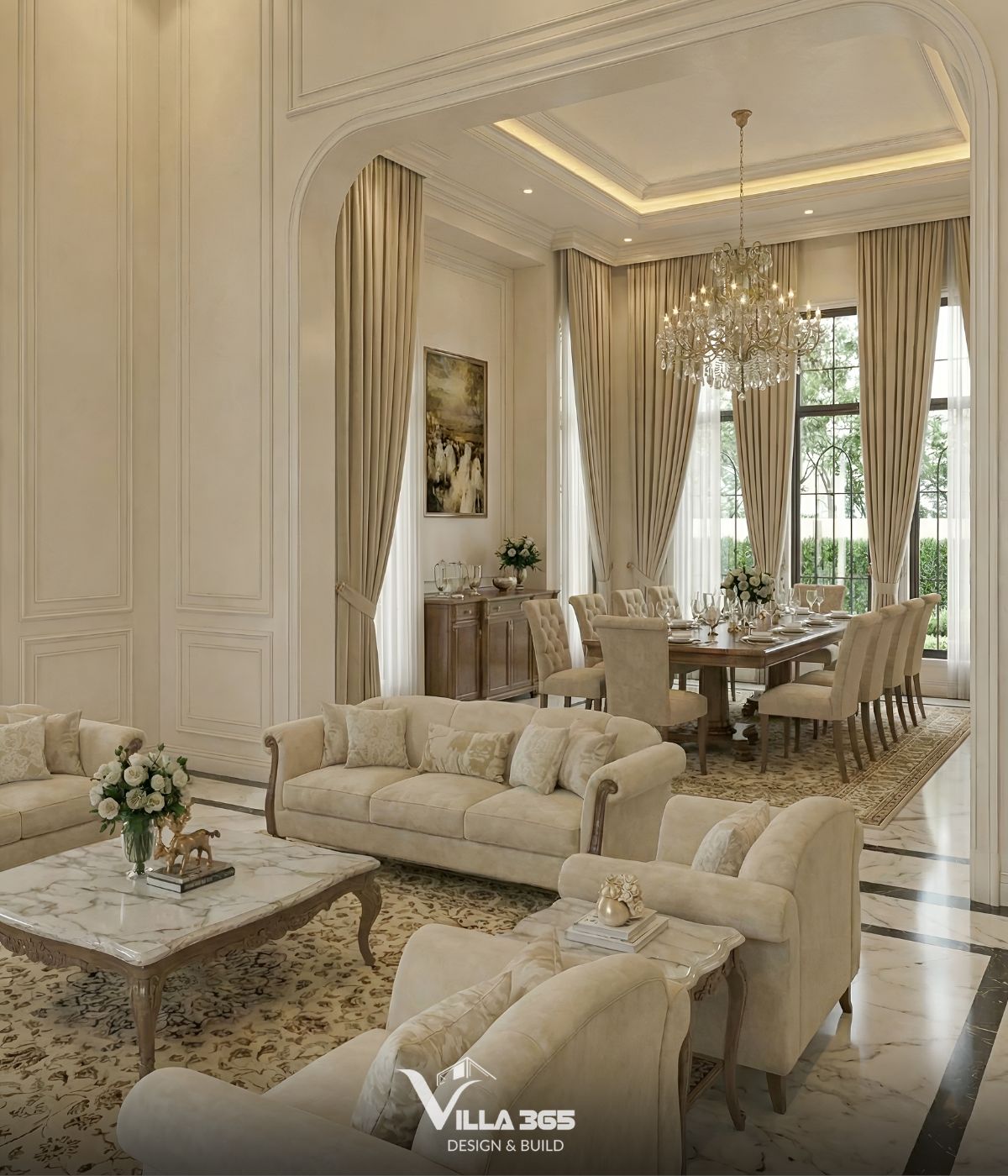 Phòng khách và phòng ăn được kết nối với nhau, chỉ ngăn cách nhẹ nhàng bằng một vòm cửa lớn 