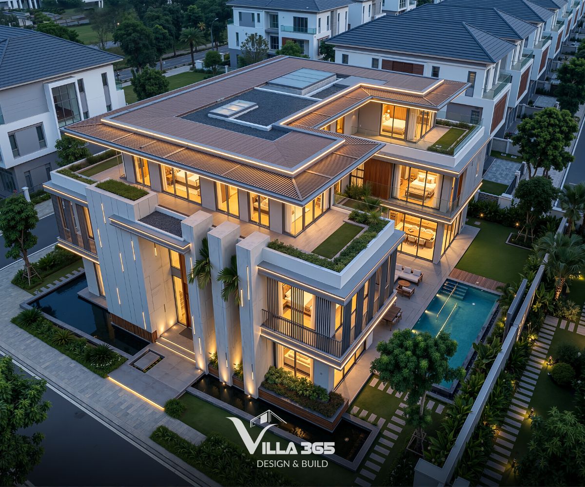 Biệt thự sở hữu sân vườn rộng với thảm cỏ, cây bóng mát, lối đi lát đá và các khoảng xanh trên ban công 