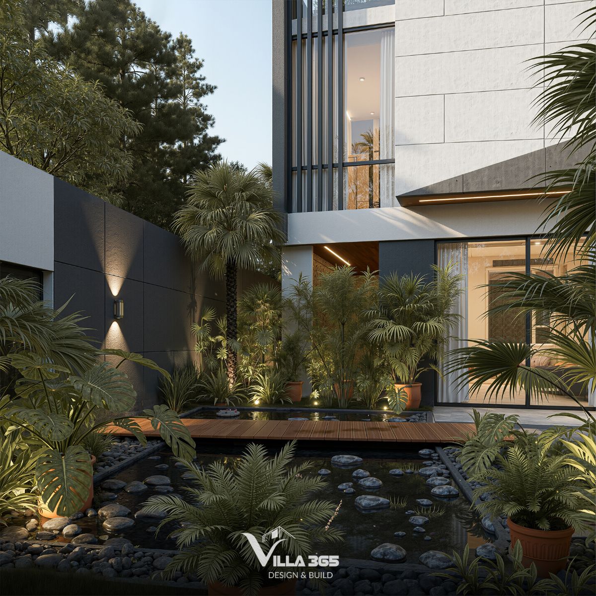 Palm Tree Villa – Biệt thự 3 tầng đánh thức ký ức tuổi thơ bên những tán cọ 7 Hồ nước kết hợp thảm thực vật làm nên khoảng thở sống động phía trước nhà