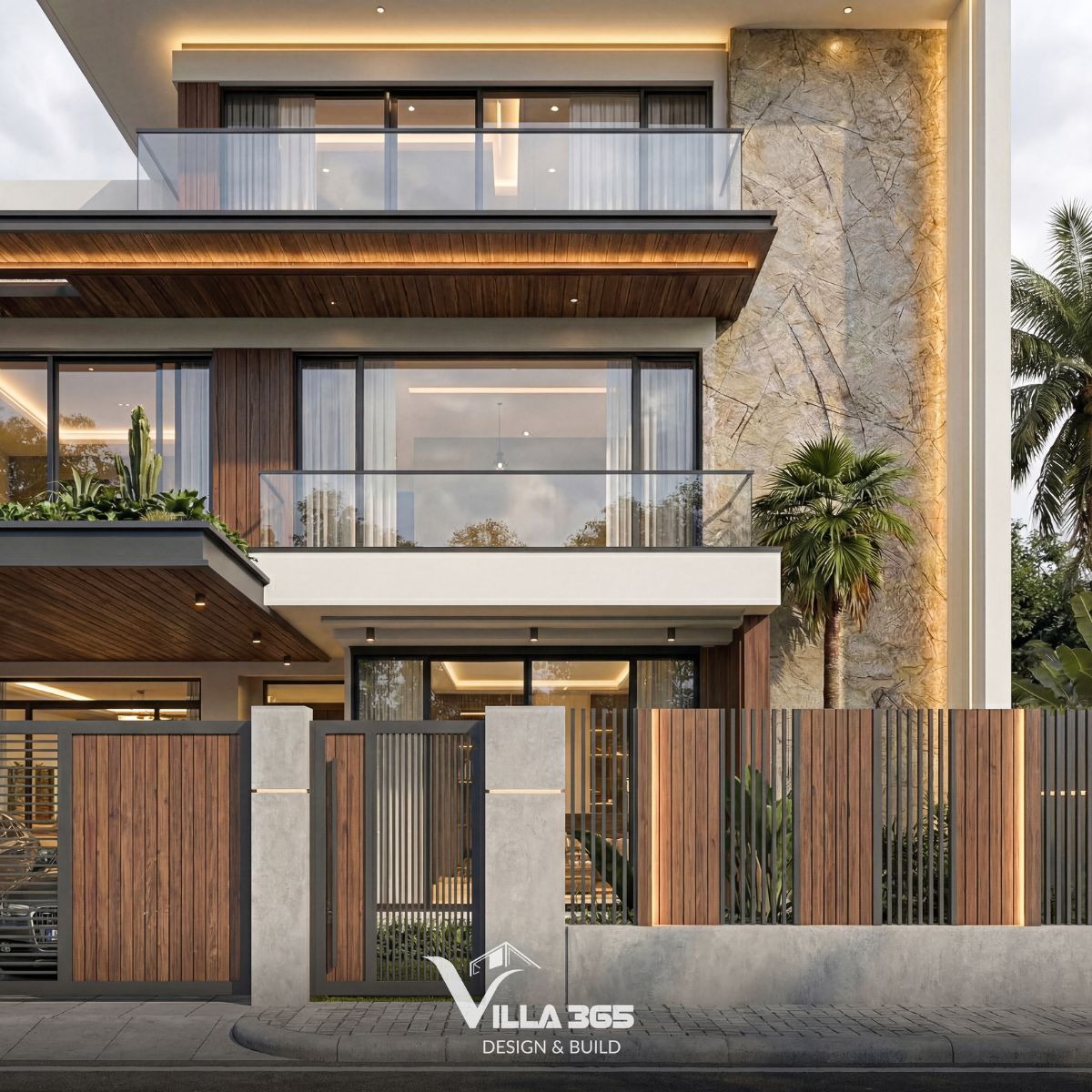 Tông màu xám beige của đá kết nối hài hòa giữa màu sơn trắng chủ đạo và màu nâu trầm của gỗ 