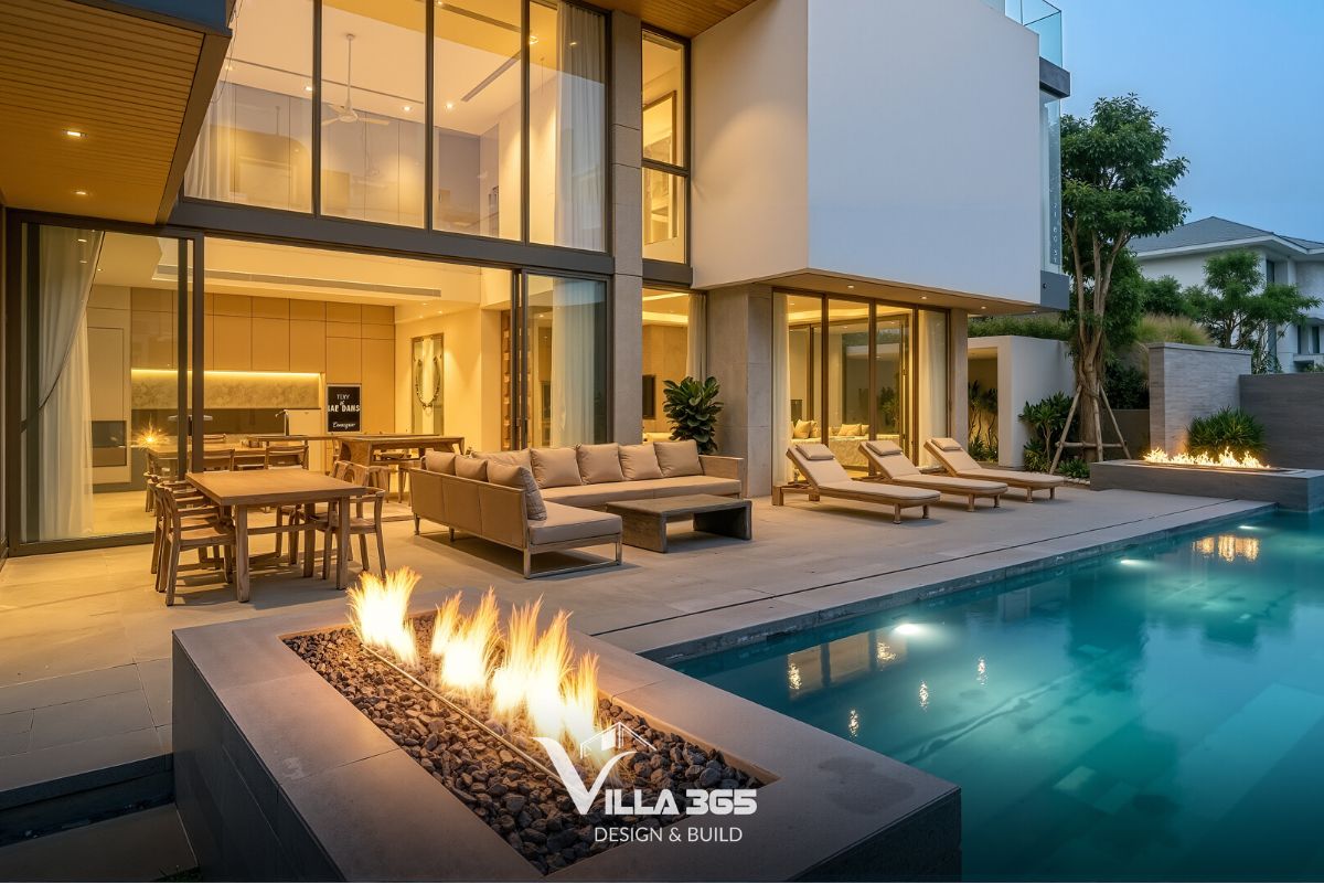 Sofa ngoài trời cùng dãy ghế tắm nắng được bố trí ngay cạnh hồ bơi, tạo không gian thư giãn lý tưởng 