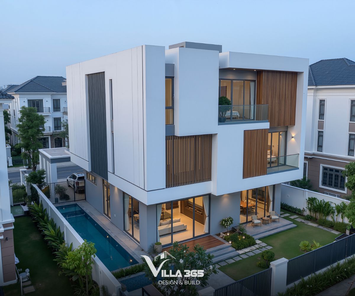 Những thanh nan sẫm màu tạo nên sự đối lập tinh tế với những mảng tường trắng