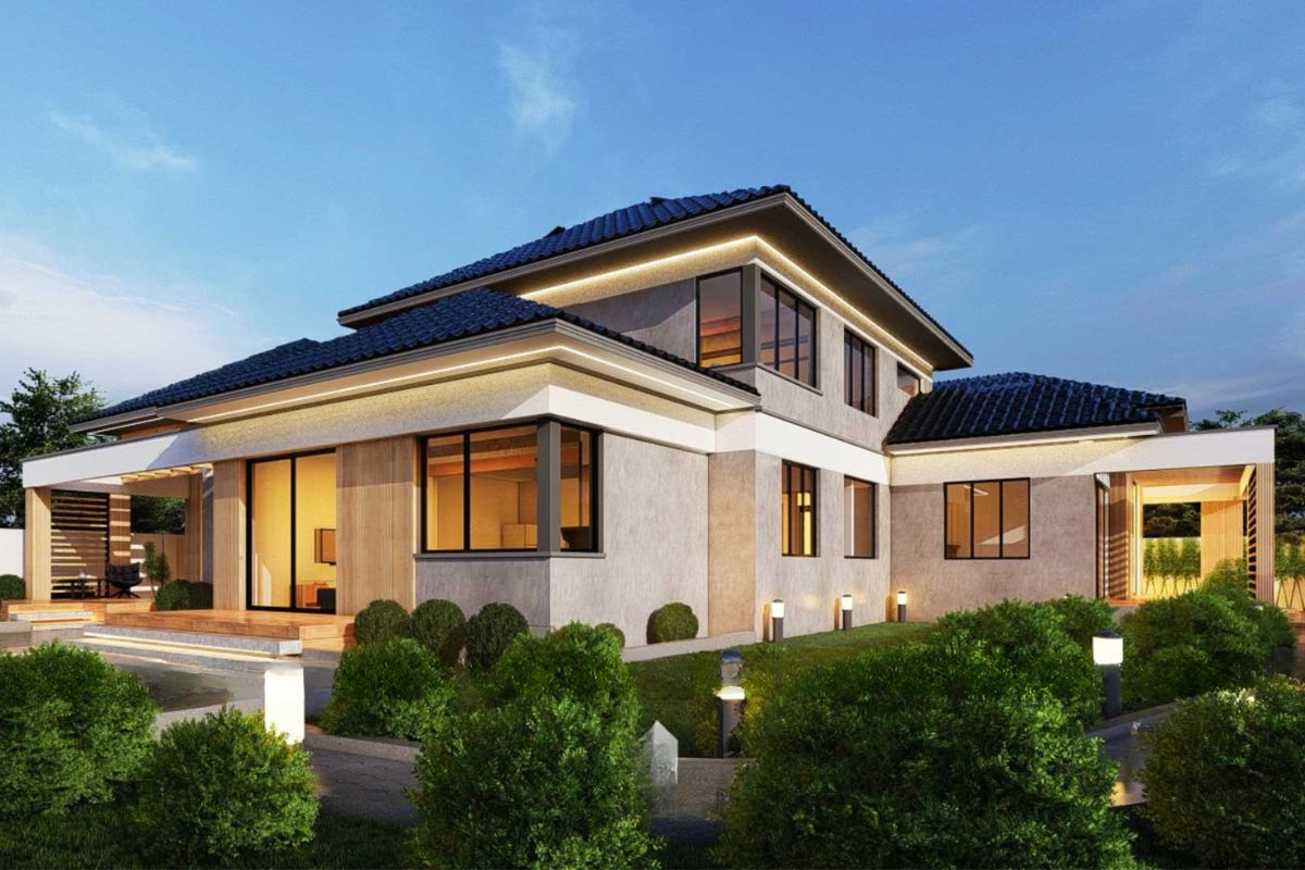 Mẫu thiết kế biệt thự 400m2 đẳng cấp, bản vẽ công năng & báo giá 2026 13 Biệt thự sân vườn 400m2 gây ấn tượng với hệ cửa kính lớn, sân hiên rộng và khoảng xanh liên kết liên tục (Ảnh: Sưu tầm)