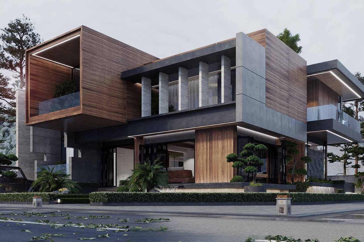 Mẫu thiết kế biệt thự 400m2 đẳng cấp, bản vẽ công năng & báo giá 2026 16 Biệt thự hiện đại 400m2 sử dụng vật liệu kính, đá và lam gỗ để tạo vẻ đẹp tinh tế nhưng vẫn cá tính (Ảnh: Sưu tầm)