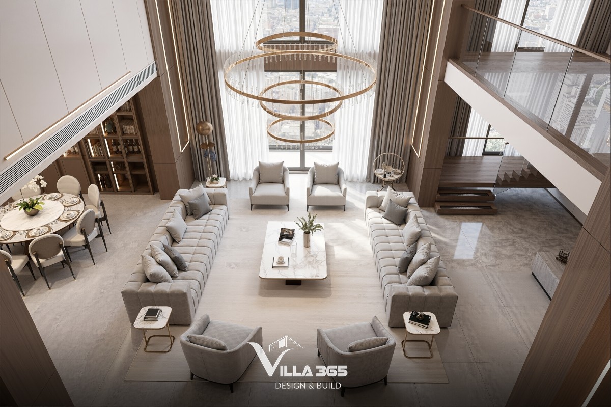 Thiết kế phòng khách biệt thự hiện đại đề cao sự sang trọng với sofa lớn và vật liệu cao cấp