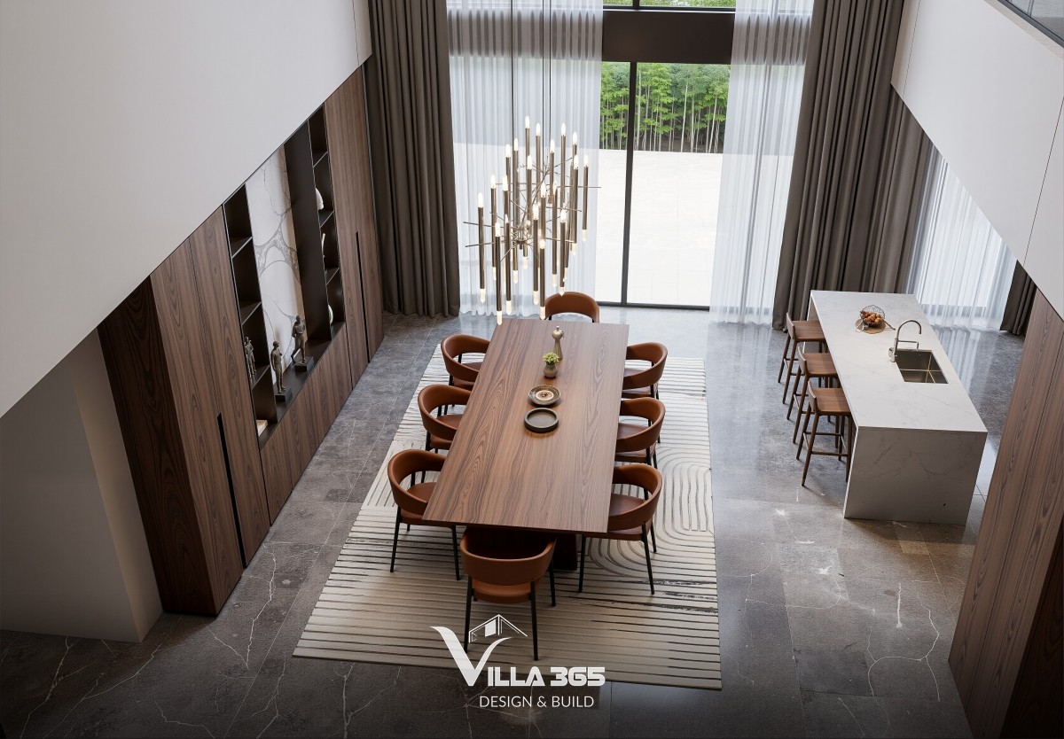 Thiết kế nội thất villa hiện đại ưu tiên phòng bếp liên thông để tăng kết nối giữa các thành viên