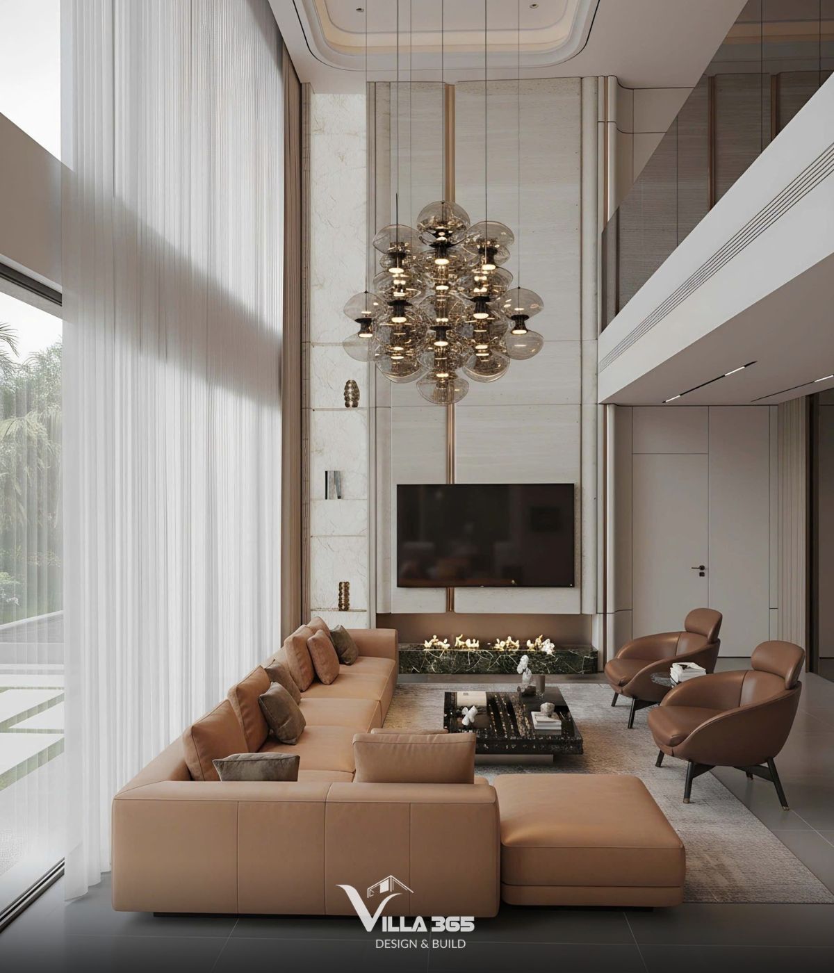 Khoảng thông tầng cao cùng hệ kính lớn giúp phòng khách Lyly Villa luôn ngập tràn ánh sáng và cảm giác khoáng đạt 