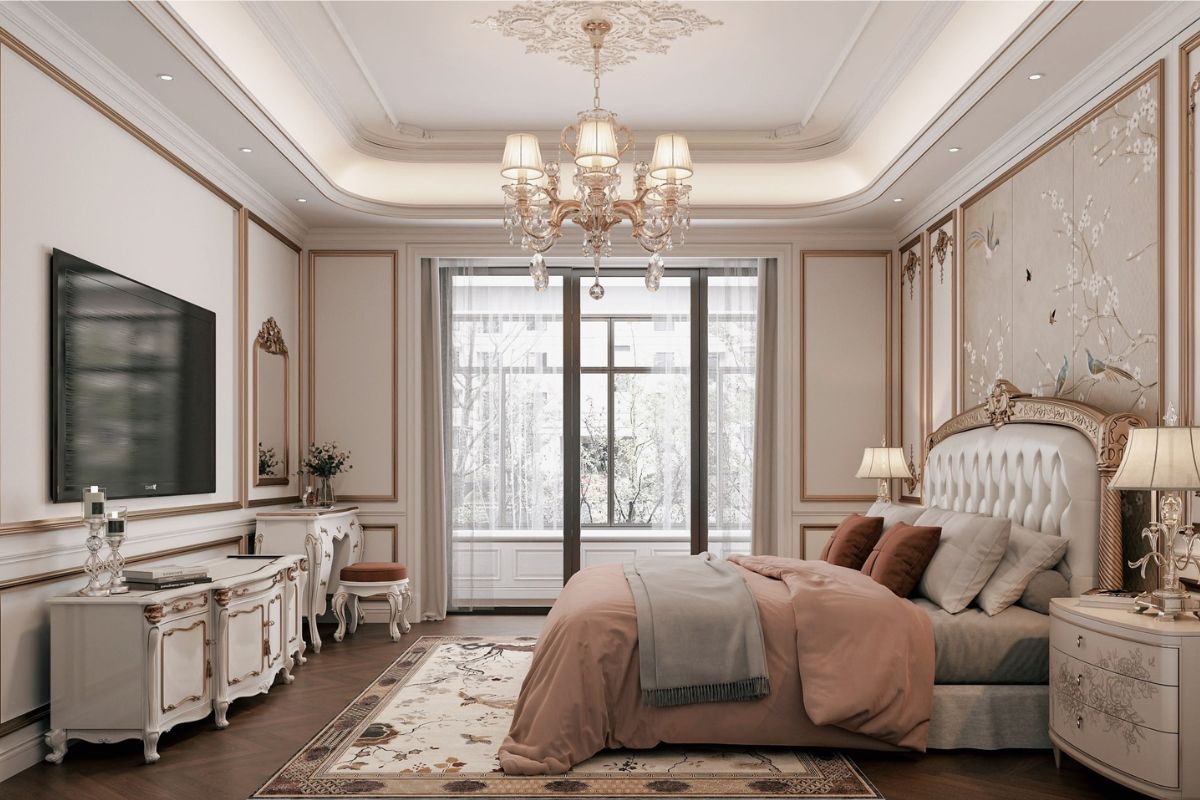 Thiết kế nội thất biệt thự cổ điển phong cách châu Âu nổi bật với tone trắng kem kết hợp vàng đồng sang trọng (Ảnh: Sưu tầm)