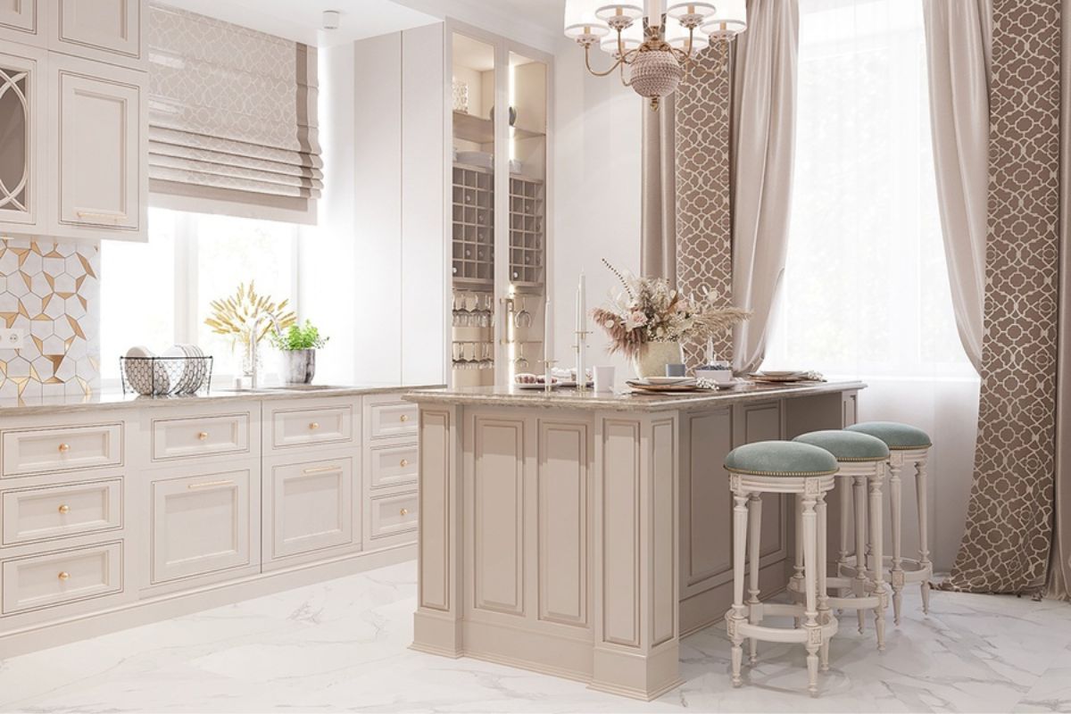Thiết kế nội thất phòng bếp biệt thự cổ điển gây ấn tượng với chất liệu gỗ tự nhiên và đá marble cao cấp (Ảnh: Sưu tầm)