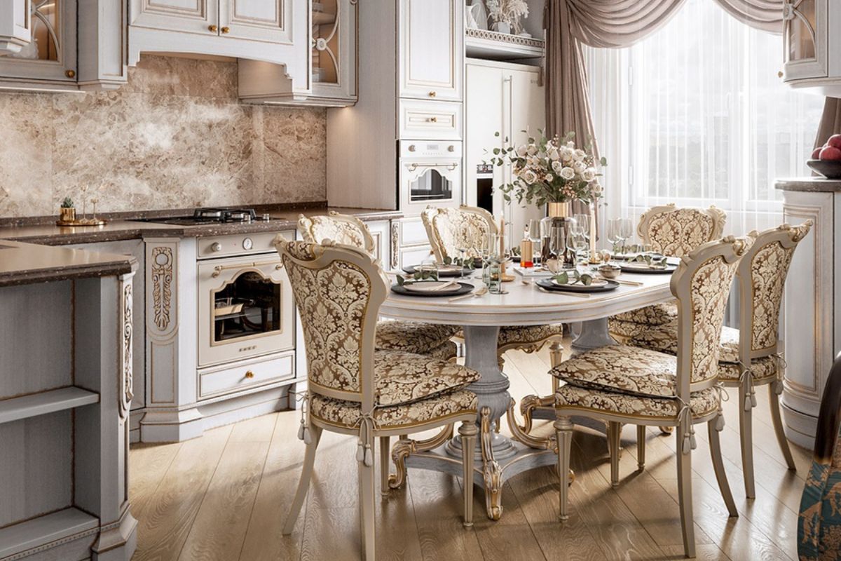 Sự kết hợp giữa gỗ tự nhiên và vật liệu cao cấp mang đến vẻ đẹp đẳng cấp cho phòng ăn biệt thự cổ điển (Ảnh: Sưu tầm)