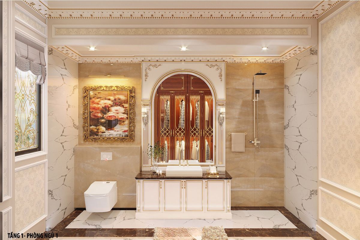 Đá marble và thiết bị mạ vàng giúp phòng tắm trong biệt thự cổ điển sang trọng thêm đẳng cấp (Ảnh: Sưu tầm)