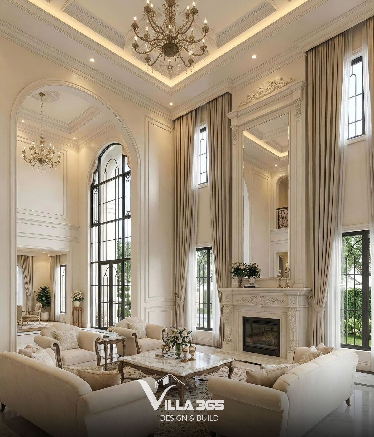 Chất liệu cao cấp như gỗ tự nhiên, đá marble và kim loại mạ vàng giúp không gian biệt thự thêm đẳng cấp