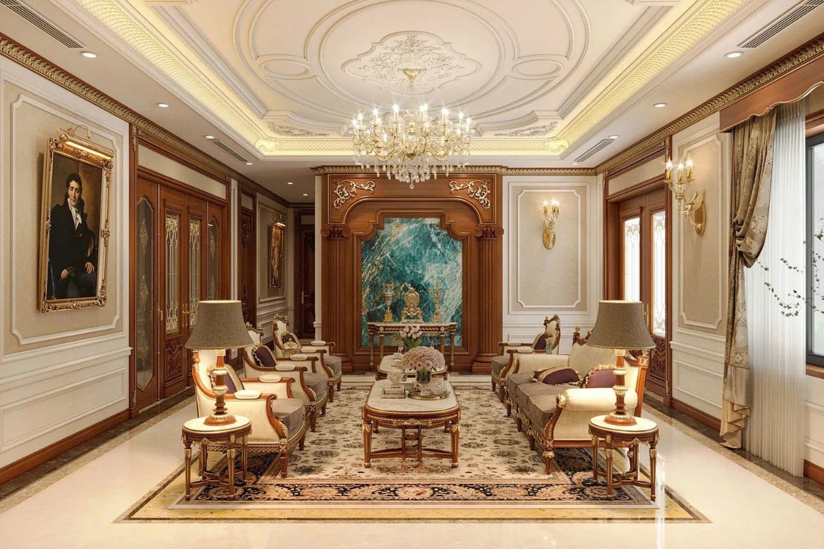 Chất liệu cao cấp như gỗ tự nhiên, đá marble và kim loại mạ vàng giúp không gian biệt thự thêm đẳng cấp