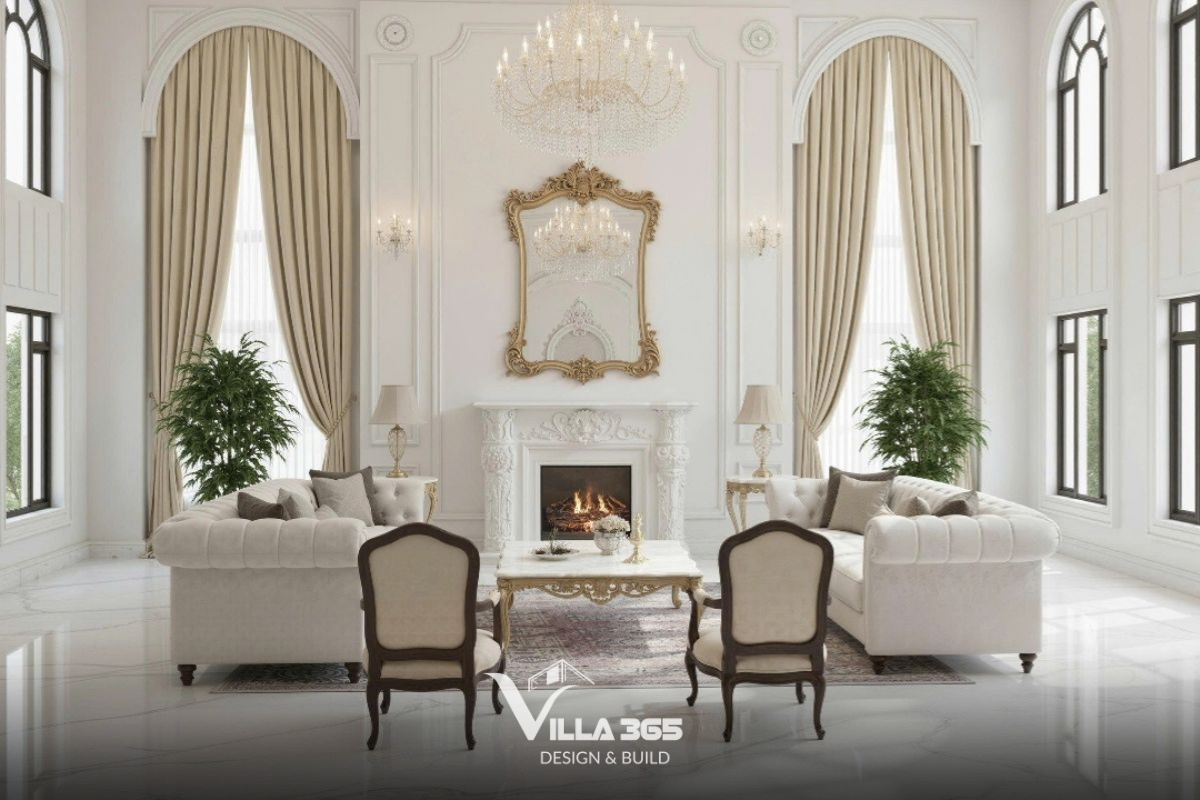 Nội thất phòng khách biệt thự tân cổ điển kết hợp sofa da, đá marble và đèn chùm pha lê đầy quý phái