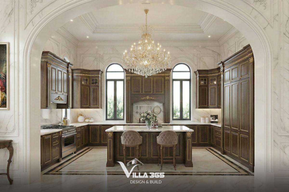 Thiết kế phòng bếp biệt thự tân cổ điển với đảo bếp lớn và đá tự nhiên mang đến trải nghiệm sử dụng cao cấp
