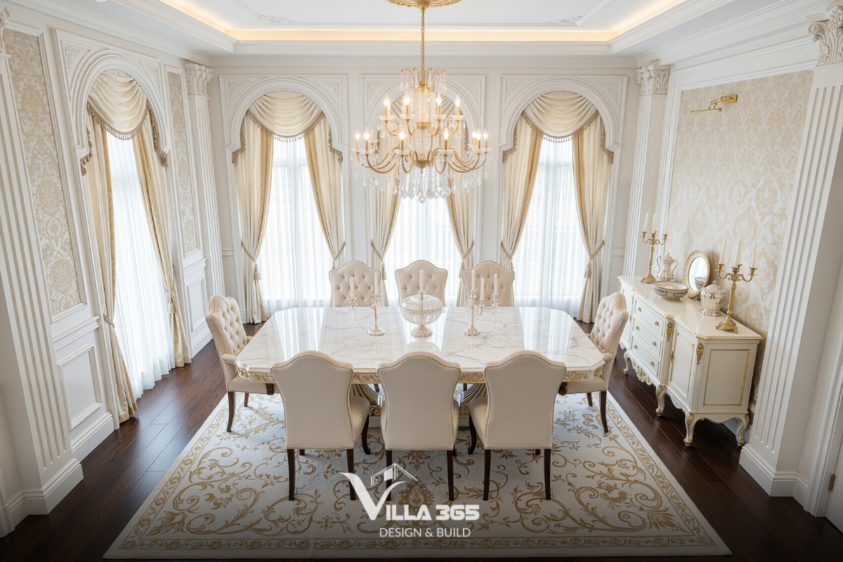 Khu vực phòng ăn sang trọng giúp biệt thự phong cách neoclassical thêm ấm cúng và đẳng cấp