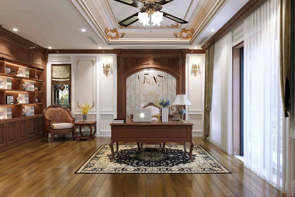 Thiết kế nội thất phòng làm việc biệt thự tân cổ điển giúp nâng tầm không gian làm việc tại gia (Ảnh: Sưu tầm)