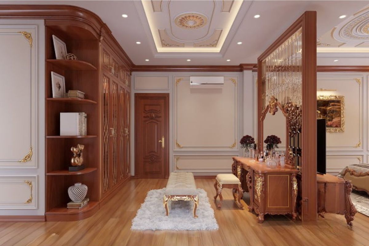 Nội thất phòng thay đồ tân cổ điển kết hợp gỗ, kính và đèn LED tạo nên vẻ đẹp hiện đại, sang trọng (Ảnh: Sưu tầm)