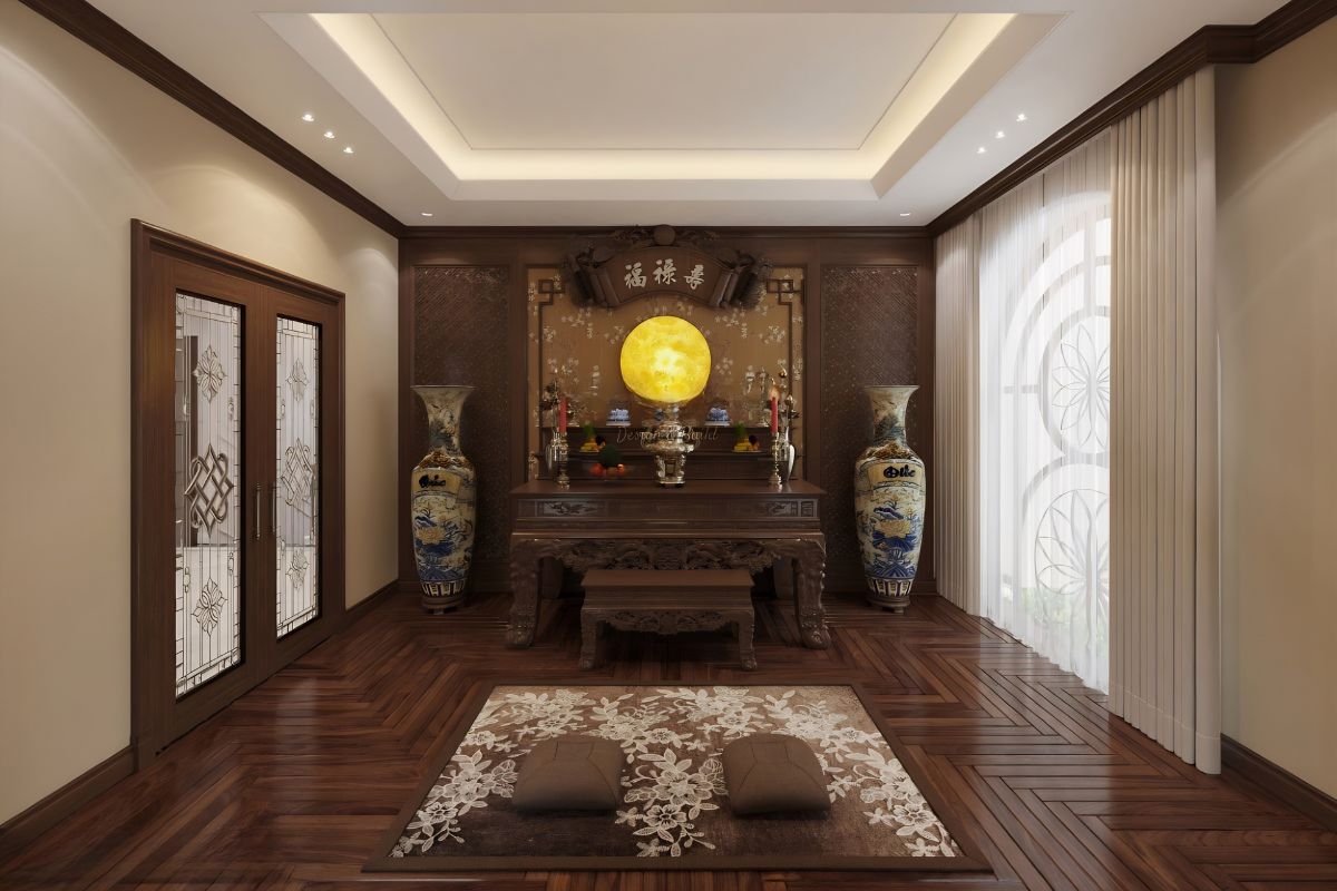 Phòng thờ tân cổ điển mang vẻ đẹp trang nghiêm nhưng vẫn đồng bộ với tổng thể kiến trúc biệt thự (Ảnh: Sưu tầm)