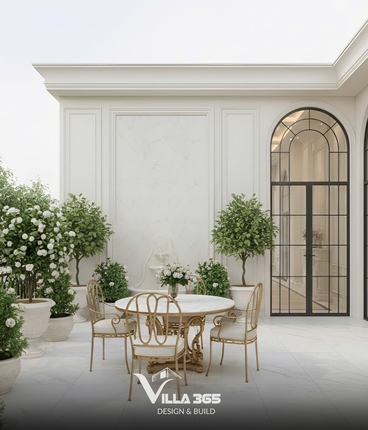 Sân vườn kết hợp khu vực thư giãn giúp biệt thự phong cách neoclassical thêm đẳng cấp