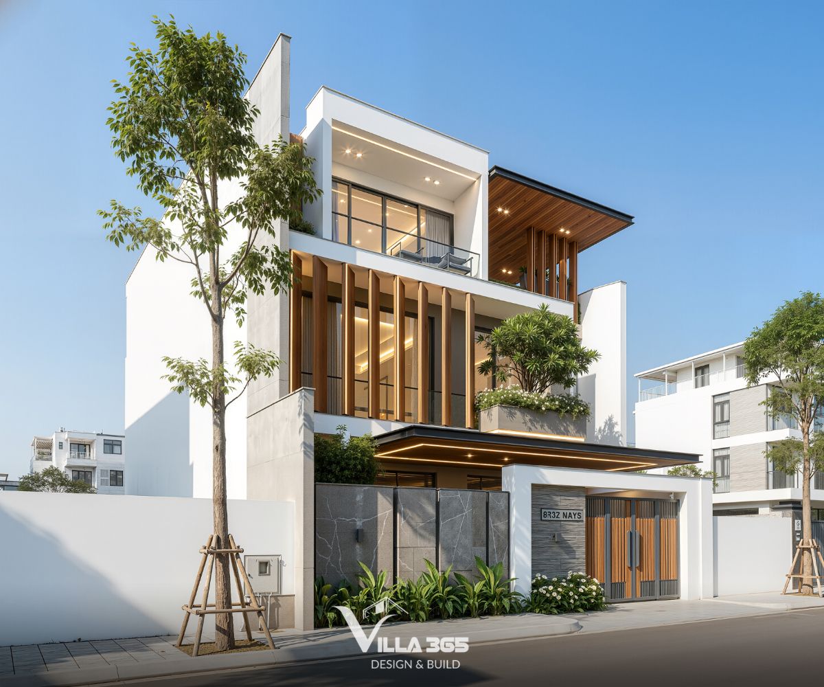 Cũng nhờ hệ lam, mặt tiền có được sự cân bằng giữa sự riêng tư và kết nối cảnh quan 