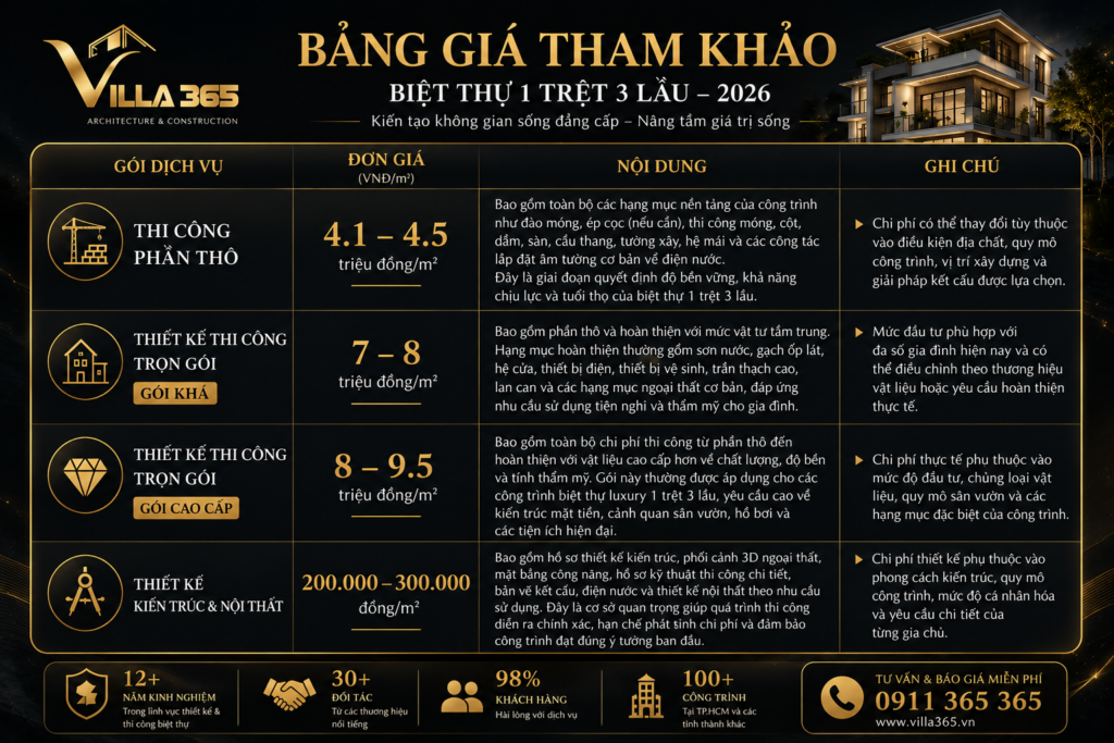 Mẫu biệt thự 1 trệt 3 lầu đẹp đẳng cấp kèm báo giá chi tiết 2026 27 Chi phí xây biệt thự 1 trệt 3 lầu phụ thuộc vào diện tích, phong cách kiến trúc và mức độ đầu tư