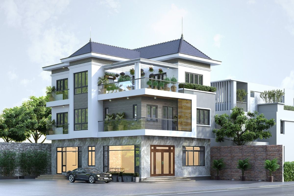 Mẫu biệt thự 3 tầng 2 mặt tiền đẹp nhất 2026 & báo giá tối ưu 33 Mẫu biệt thự hiện đại 3 tầng 1 tum 2 mặt tiền nổi bật với hình khối kiến trúc tinh tế, thiết kế thông thoáng và tầng tum linh hoạt, giúp tối ưu công năng và tận dụng ánh sáng tự nhiên. ( Ảnh: Sưu tầm )