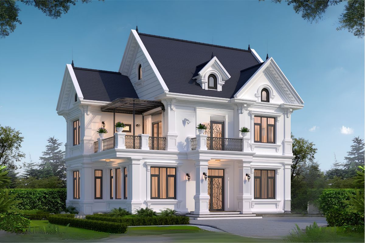 Mẫu biệt thự 1 trệt 1 lầu mái Thái đẹp sang trọng 2026 10 Mái Thái nhiều lớp giúp tăng chiều cao thị giác, đồng thời làm nổi bật sự cân đối của tổng thể kiến trúc (Ảnh: Sưu tầm)