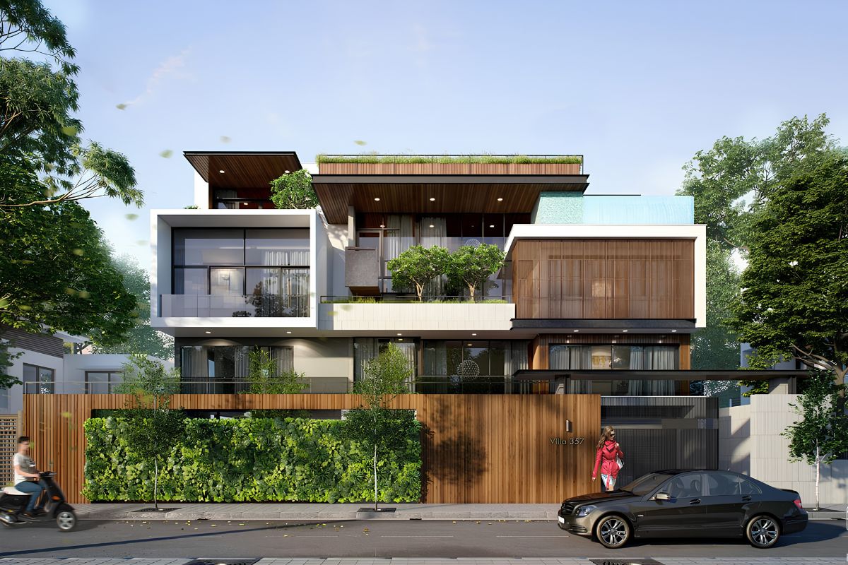 Mẫu biệt thự 1 trệt 2 lầu đẹp 2026: Bản vẽ mặt bằng & báo giá chi tiết 14 Cây xanh, mặt nước và những khoảng đệm thông thoáng giúp công trình duy trì cảm giác mát mẻ ngay cả trong những ngày nắng nóng (Ảnh: Sưu tầm)