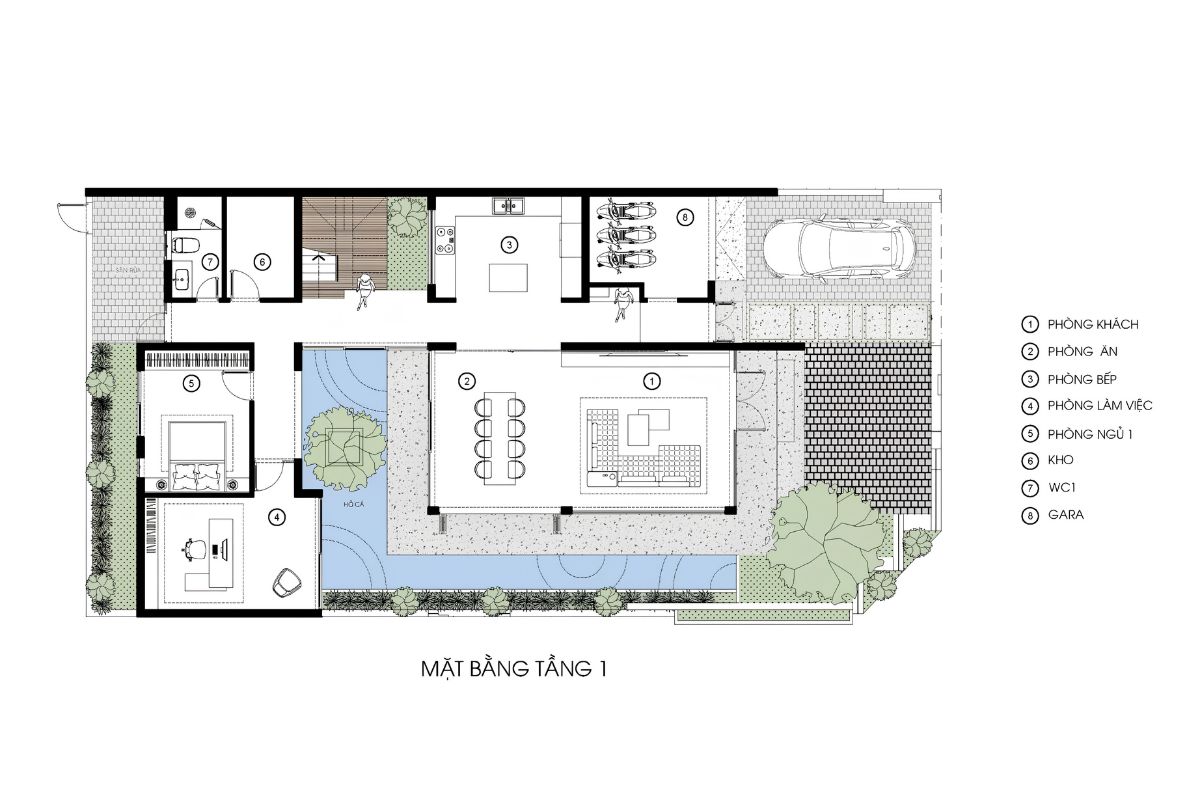 Mẫu biệt thự 1 trệt 2 lầu đẹp 2026: Bản vẽ mặt bằng & báo giá chi tiết 28 Tầng trệt của biệt thự 1 trệt 2 lầu có gara thường được bố trí mở, kết nối phòng khách, bếp, phòng ăn và khu để xe để tối ưu sự tiện nghi khi sử dụng (Ảnh: Sưu tầm)
