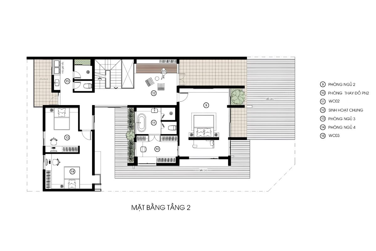 Mẫu biệt thự 1 trệt 2 lầu đẹp 2026: Bản vẽ mặt bằng & báo giá chi tiết 29 Lầu 1 là khoảng riêng yên tĩnh trong thiết kế biệt thự 1 trệt 2 lầu, nơi các phòng ngủ chính và không gian sinh hoạt gia đình được tổ chức tách biệt khỏi tầng trệt (Ảnh: Sưu tầm)