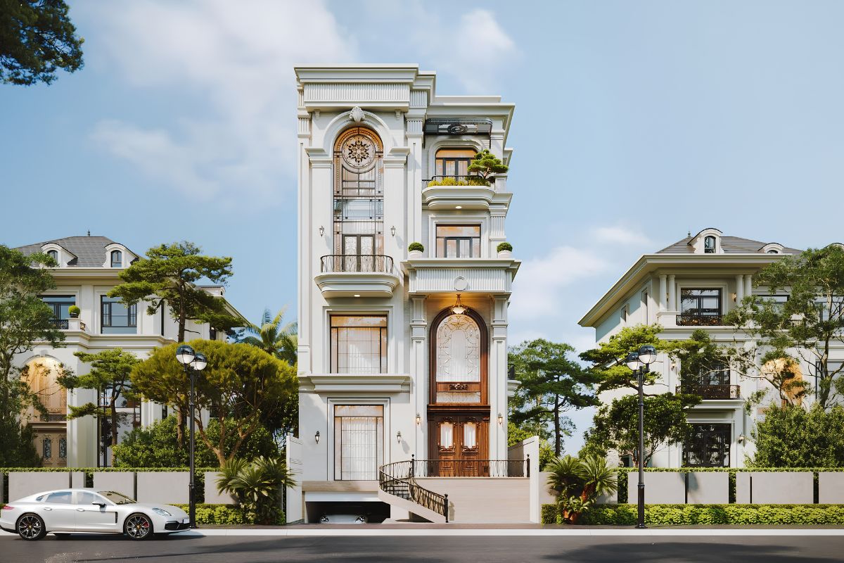 Mẫu biệt thự 1 trệt 3 lầu đẹp đẳng cấp kèm báo giá chi tiết 2026 12 Đối với những gia chủ đề cao giá trị lâu dài, phong cách tân cổ điển luôn là lựa chọn đáng cân nhắc (Ảnh: Sưu tầm)