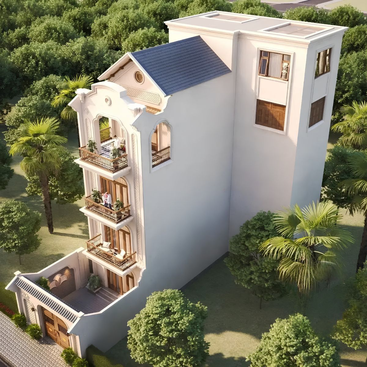 Mẫu biệt thự 1 trệt 3 lầu đẹp đẳng cấp kèm báo giá chi tiết 2026 19 Các chi tiết như mái hiên, cửa vòm hay hệ lam góp phần tạo nên vẻ đẹp đặc trưng (Ảnh: Sưu tầm)